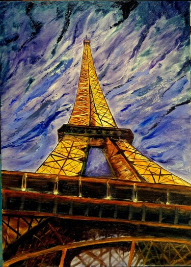 Peinture intitulée "Eiffel, un soir" par Pascal Baudot, Œuvre d'art originale, Huile Monté sur Carton