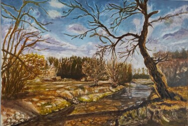 Painting titled "au bord de l'eau" by Pascal Bourgouin, Original Artwork, Oil Mounted on Wood Stretcher frame