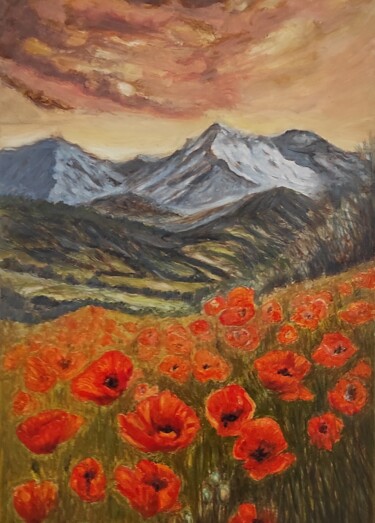 Painting titled "Les coquelicots" by Pascal Bourgouin, Original Artwork, Oil
