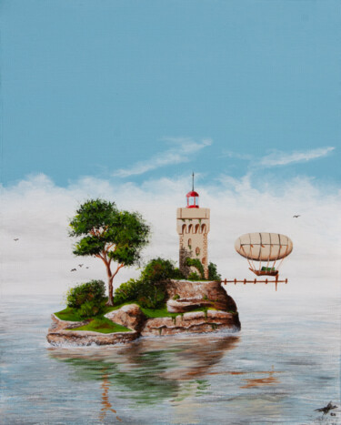 Painting titled "La tour phare" by Pascal Genevois, Original Artwork, Acrylic Mounted on Wood Stretcher frame