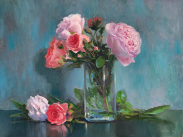 Pintura intitulada "Roses et Pivoines d…" por Pascal Giroud, Obras de arte originais, Óleo