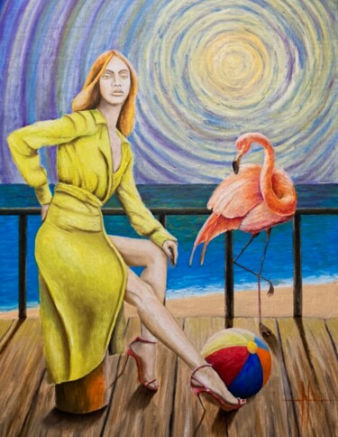 Schilderij getiteld "Psychedelic Flamingo" door Pascal Herve, Origineel Kunstwerk, Olie Gemonteerd op Frame voor houten bran…