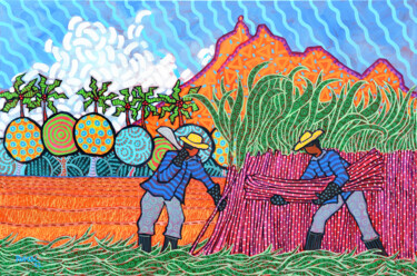 Painting titled "Cane cutters" by Pascal Lagesse, Original Artwork, Acrylic Mounted on Wood Stretcher frame