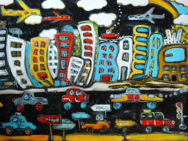 Картина под названием "La Ville" - Pascal Milcendeau, Подлинное произведение искусства, Акрил Установлен на Деревянная рама…