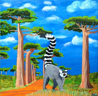 제목이 "Kuna Maki Catta"인 미술작품 Pascal Poutchnine로, 원작, 아크릴 나무 들것 프레임에 장착됨