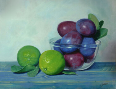 Картина под названием "Citrons verts et pr…" - Pascal Roskam, Подлинное произведение искусства, Масло