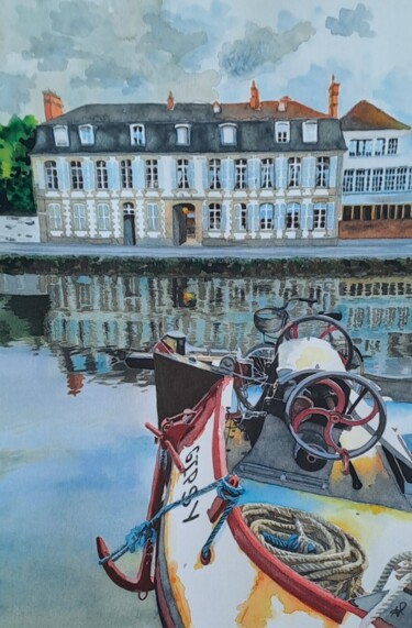 Painting titled "Péniche dans le por…" by Pascale Alloncle, Original Artwork, Watercolor