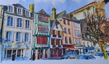 Malerei mit dem Titel "Morlaix – Place des…" von Pascale Alloncle, Original-Kunstwerk, Aquarell