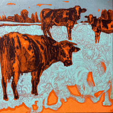 Malerei mit dem Titel ""Vaches de saison"…" von Pascale Simon, Original-Kunstwerk, Bleistift Auf Keilrahmen aus Holz montiert