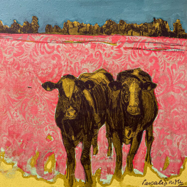 Pittura intitolato ""Vaches de saison"…" da Pascale Simon, Opera d'arte originale, Matita Montato su Telaio per barella in l…