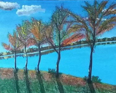 Painting titled "Arbres au bord du l…" by Pascale Coutoux, Original Artwork, Acrylic