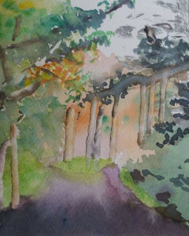 Malerei mit dem Titel "forêt en automne #a…" von Pascale Coutoux, Original-Kunstwerk, Aquarell