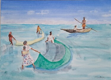 Pintura intitulada "Les pêcheurs Vezo" por Pascale Coutoux, Obras de arte originais, Aquarela