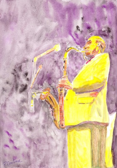 Painting titled "saxophoniste" by Pascale Coutoux, Original Artwork, Watercolor