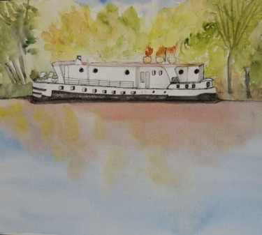 Painting titled "péniche à pontoise" by Pascale Coutoux, Original Artwork, Watercolor