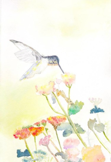 Painting titled "Colibri" by Pascale Coutoux, Original Artwork, Watercolor
