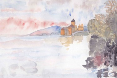 Peinture intitulée "Château sur un lac" par Pascale Coutoux, Œuvre d'art originale, Aquarelle