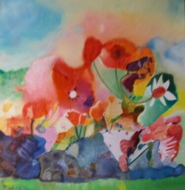 Картина под названием "fleurs de rocaille" - Pascale Coutoux, Подлинное произведение искусства, Масло