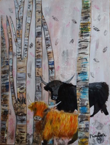 Schilderij getiteld "Vaches Highlands" door Pascale Coutoux, Origineel Kunstwerk, Collages