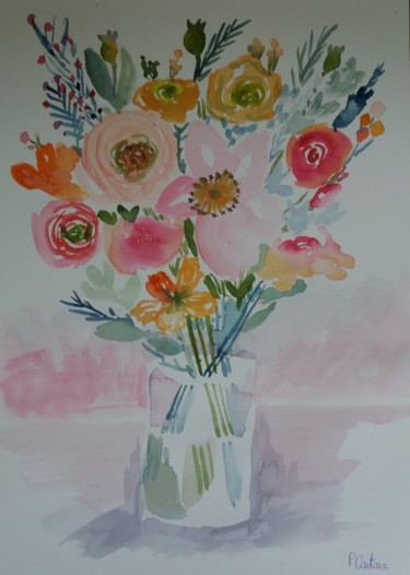 Pintura intitulada "Bouquet dans un vas…" por Pascale Coutoux, Obras de arte originais, Aquarela
