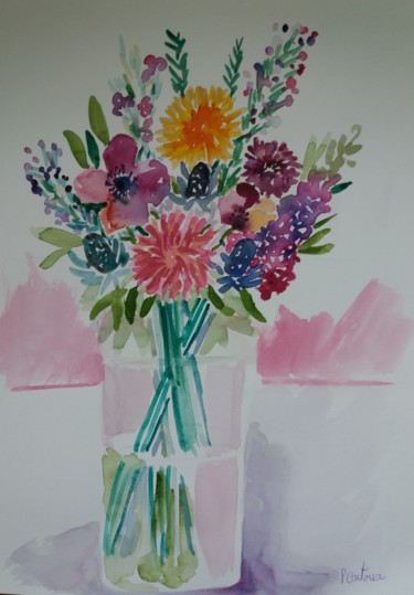 Schilderij getiteld "Bouquet dans un vas…" door Pascale Coutoux, Origineel Kunstwerk, Aquarel