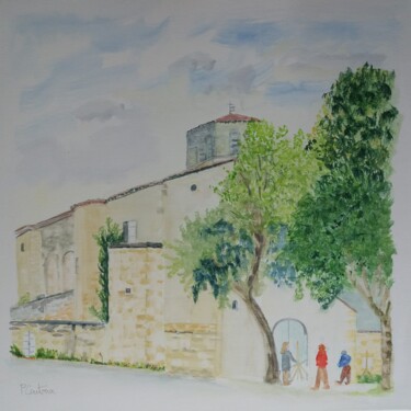 Malerei mit dem Titel "Place de village à…" von Pascale Coutoux, Original-Kunstwerk, Aquarell