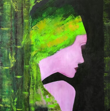 Painting titled "Bamboo" by Pascale Galbois, Original Artwork, Oil Mounted on Wood Stretcher frame