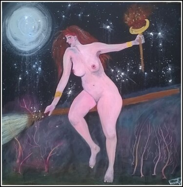 Painting titled "A la pleine lune." by Pascaly, Original Artwork, Acrylic