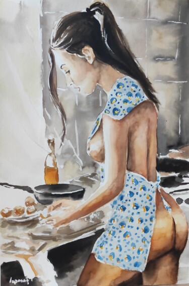 Painting titled "Оn the kitchen-Erot…" by Pasha Laponog, Original Artwork, Watercolor
