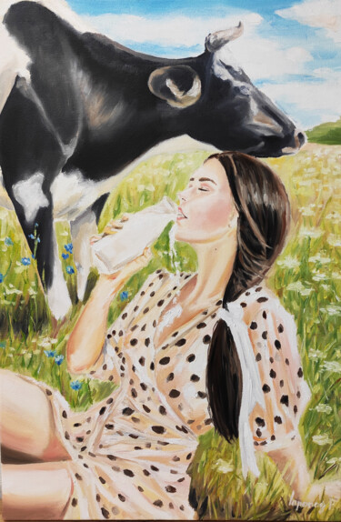 Painting titled "Milkmaid, Erotic pa…" by Pasha Laponog, Original Artwork, Oil