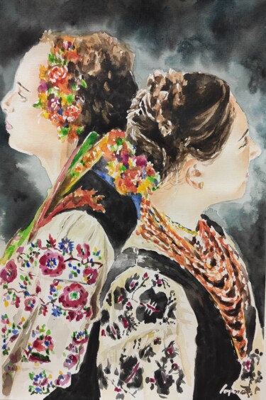 Painting titled "Two Ukrainian girls…" by Pasha Laponog, Original Artwork, Watercolor