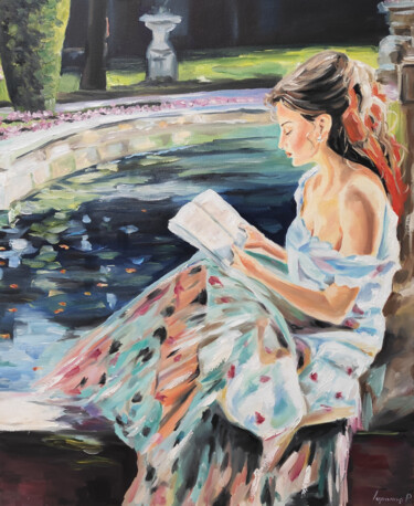 Painting titled "Girl reading a book…" by Pasha Laponog, Original Artwork, Oil