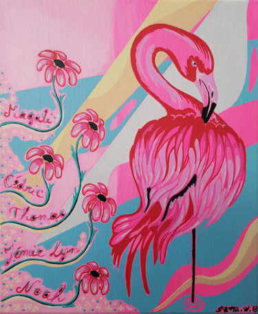 Schilderij getiteld "Flamant rose et mar…" door Pasthete // Salima Woestyn, Origineel Kunstwerk, Acryl