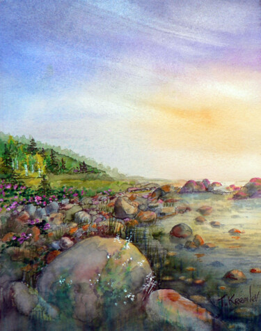 Malarstwo zatytułowany „Sunset with the Roc…” autorstwa Tatiana Kremlev (Chvetsova), Oryginalna praca, Akwarela