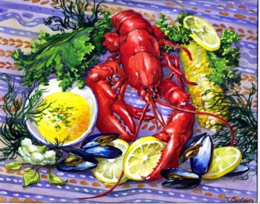 Schilderij getiteld "Lobster on Blue" door Tatiana Kremlev (Chvetsova), Origineel Kunstwerk, Anders