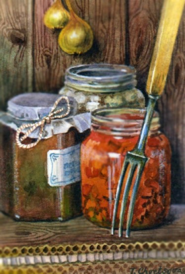 Schilderij getiteld "Jars and Fork" door Tatiana Kremlev (Chvetsova), Origineel Kunstwerk, Olie