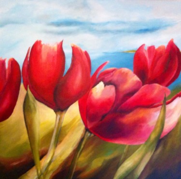 Pintura intitulada "Red Tulips" por Patricia Matser, Obras de arte originais, Acrílico Montado em Painel de madeira