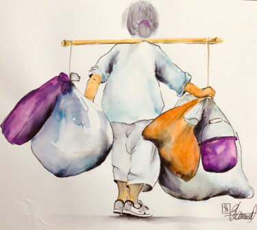 「vieille femme」というタイトルの描画 Patricia Blanchet-Olivierによって, オリジナルのアートワーク, 水彩画 段ボールにマウント