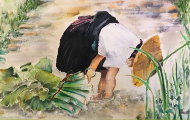 Peinture intitulée "À la rivière" par Patricia Blanchet-Olivier, Œuvre d'art originale, Encre Monté sur Autre panneau rigide