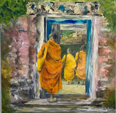 Painting titled "Moines au Laos" by Patricia Blanchet-Olivier, Original Artwork, Oil Mounted on Wood Stretcher frame