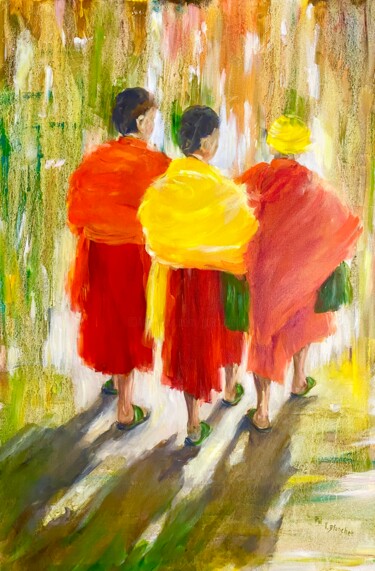 Картина под названием "Moines (Laos)" - Patricia Blanchet-Olivier, Подлинное произведение искусства, Масло