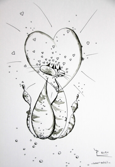 Рисунок под названием "coeur soleil" - Patricia Blondel, Подлинное произведение искусства, Чернила