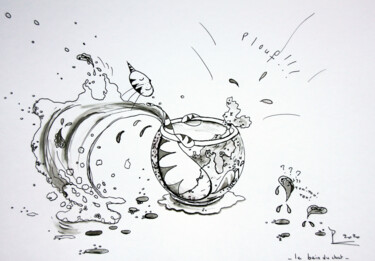 Drawing titled "le bain du chat" by Patricia Blondel, Original Artwork, Ink