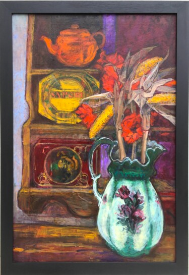Painting titled "Still life with Vic…" by Patricia Clements Art, Original Artwork, Oil Mounted on Wood Stretcher frame