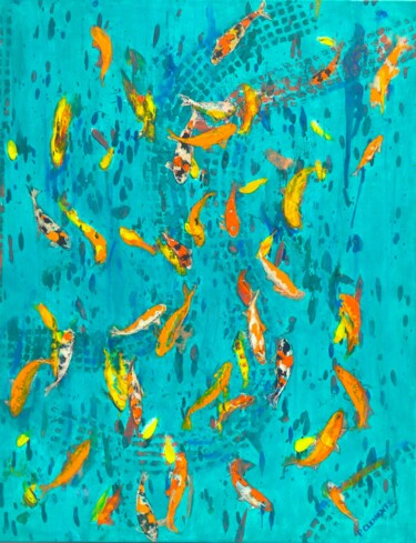 Painting titled "Dancing Gold fish" by Patricia Clements Art, Original Artwork, Acrylic Mounted on Wood Stretcher frame