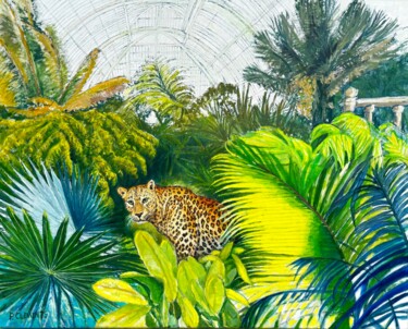 Painting titled "LEOPARD AT KEW GARD…" by Patricia Clements Art, Original Artwork, Oil Mounted on Wood Stretcher frame