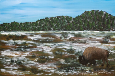 Painting titled "Lone Bison" by Patricia Gould, Original Artwork, Acrylic Mounted on Wood Stretcher frame