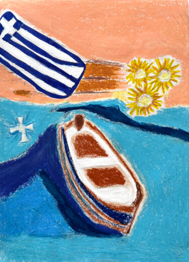 Drawing titled "Grèce drapeau bateau" by Patricia Lardé, Original Artwork, Pastel