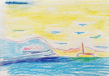 Drawing titled "Grèce mer bateau ja…" by Patricia Lardé, Original Artwork, Pencil