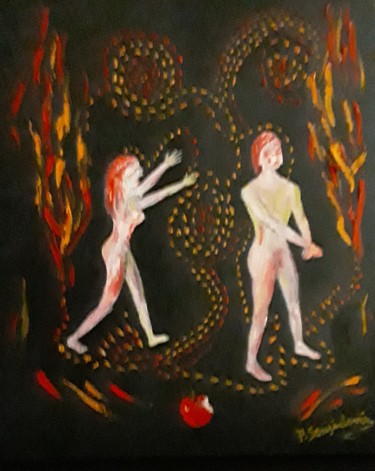 Malerei mit dem Titel "Adam et Eve en enfer" von Patricia Sensidoni, Original-Kunstwerk, Öl Auf Keilrahmen aus Holz montiert